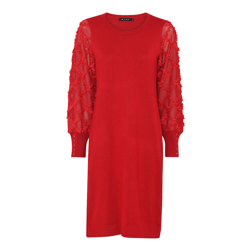 Micha Fancy Stickad Klänning med spetsärm Röd
