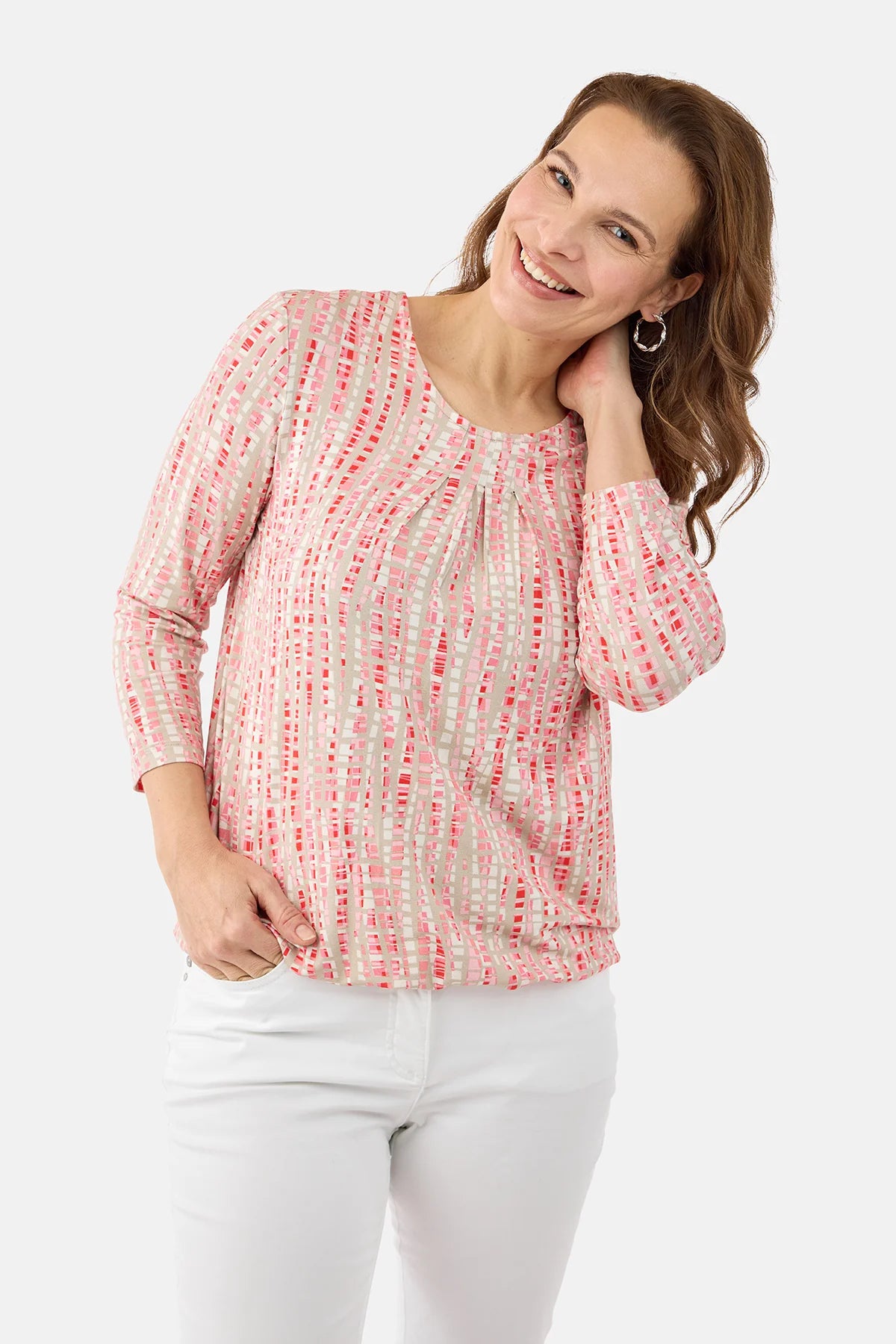 Brandtex 3/4-ärmad Mönstrad T-Shirt Röd