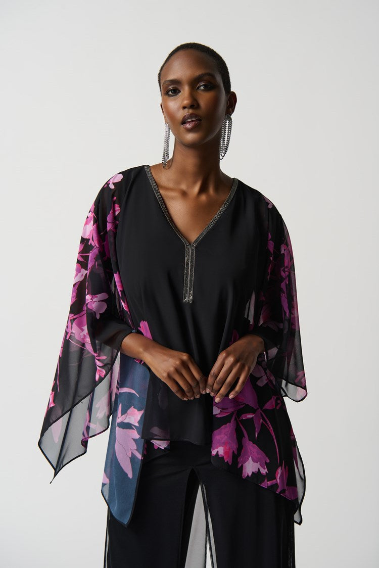 Joseph Ribkoff Floral Chiffon Poncho With Rhinestone Neckline - Fuchsia Fashion Damkläder Nätbutik