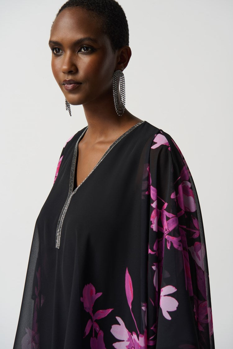Joseph Ribkoff Floral Chiffon Poncho With Rhinestone Neckline - Fuchsia Fashion Damkläder Nätbutik