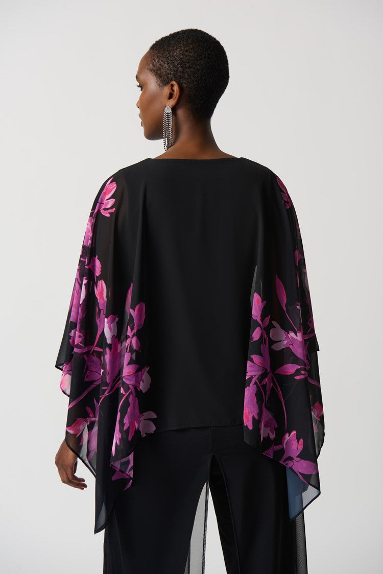 Joseph Ribkoff Floral Chiffon Poncho With Rhinestone Neckline - Fuchsia Fashion Damkläder Nätbutik