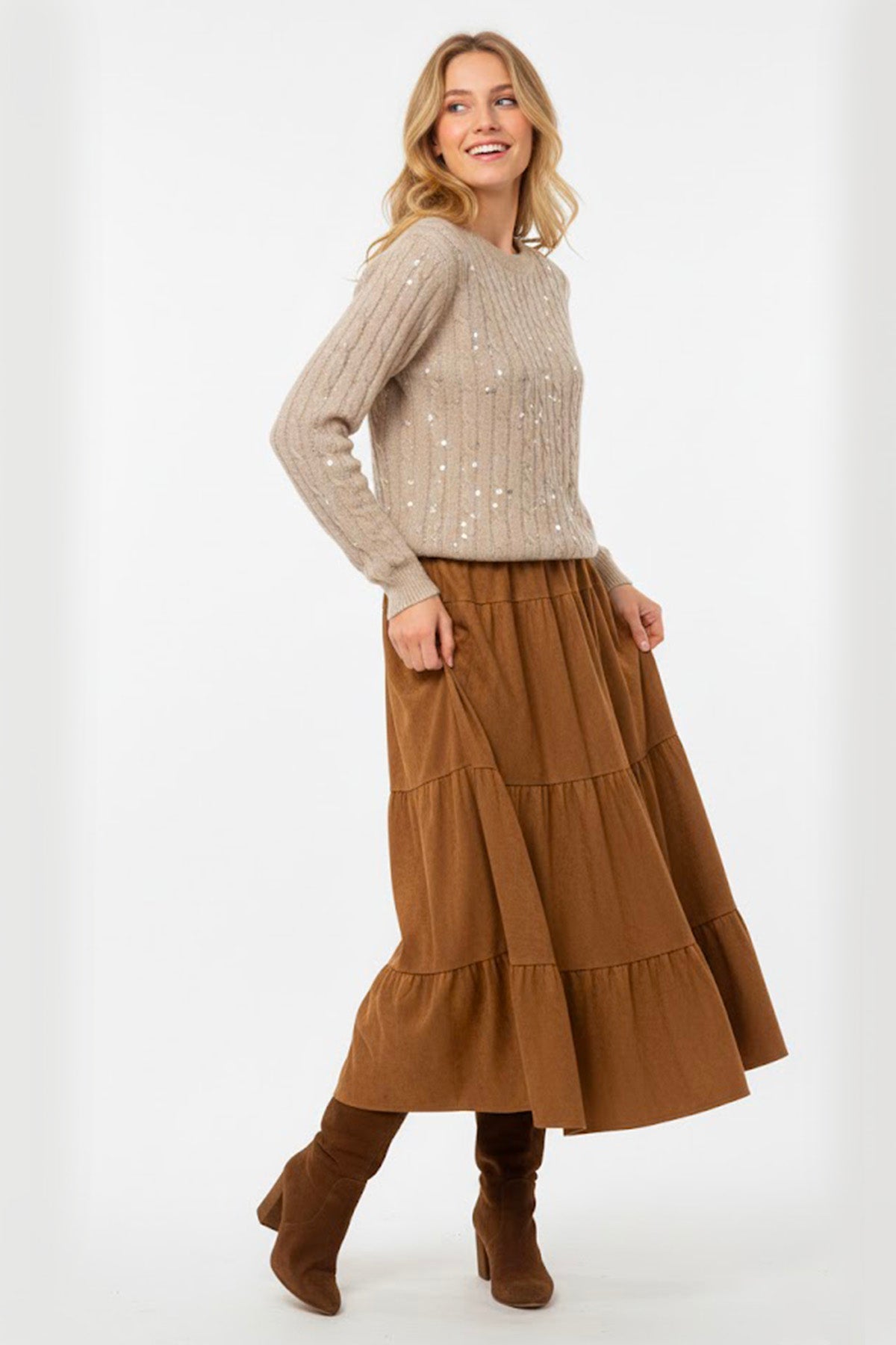 Derhy NAIROBI Glittrig Stickad Tröja med Paljetter Beige