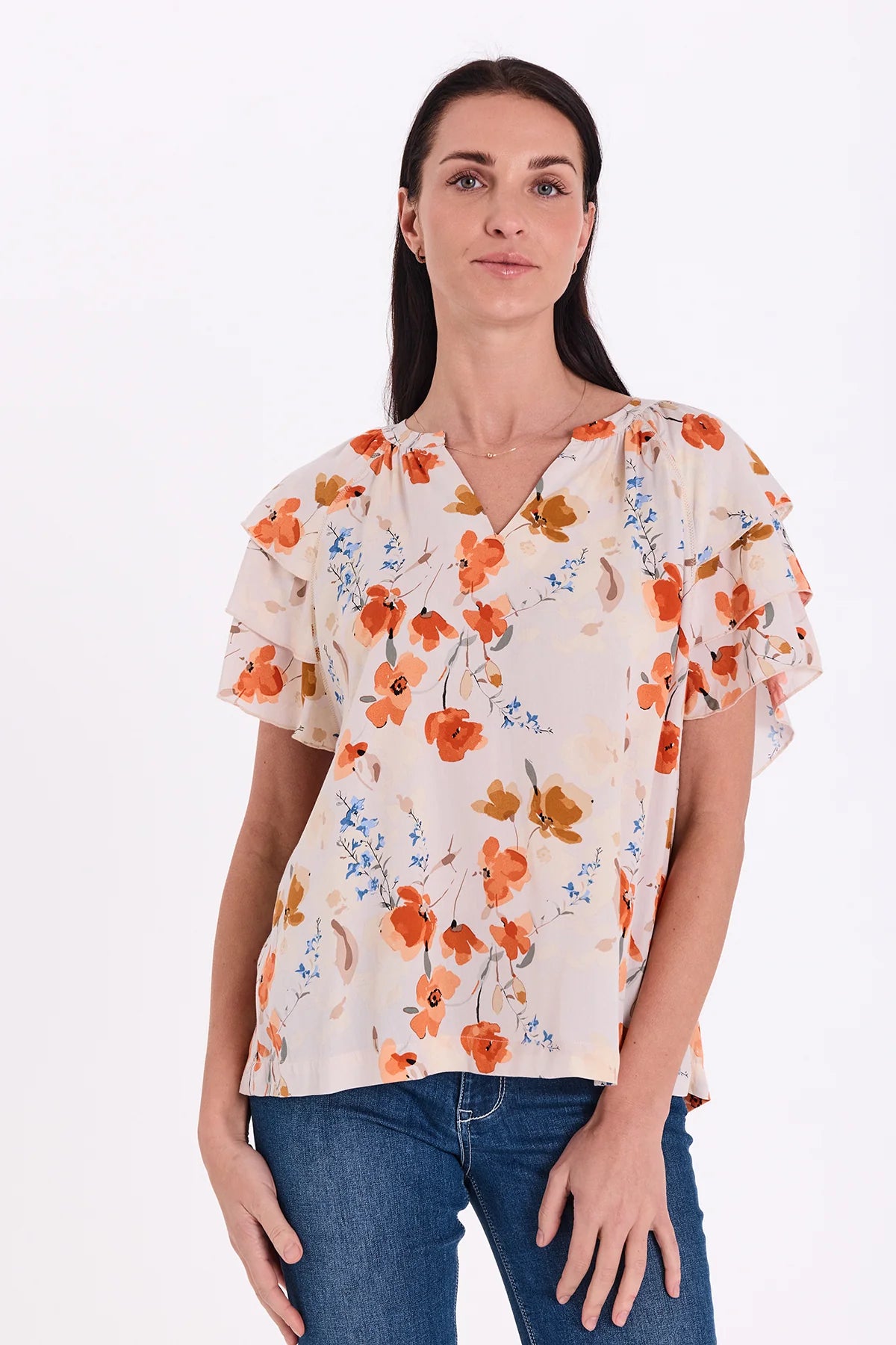 FreeQuent Blommig Kortärmad Blus med Volang Adney Beige-Rosa