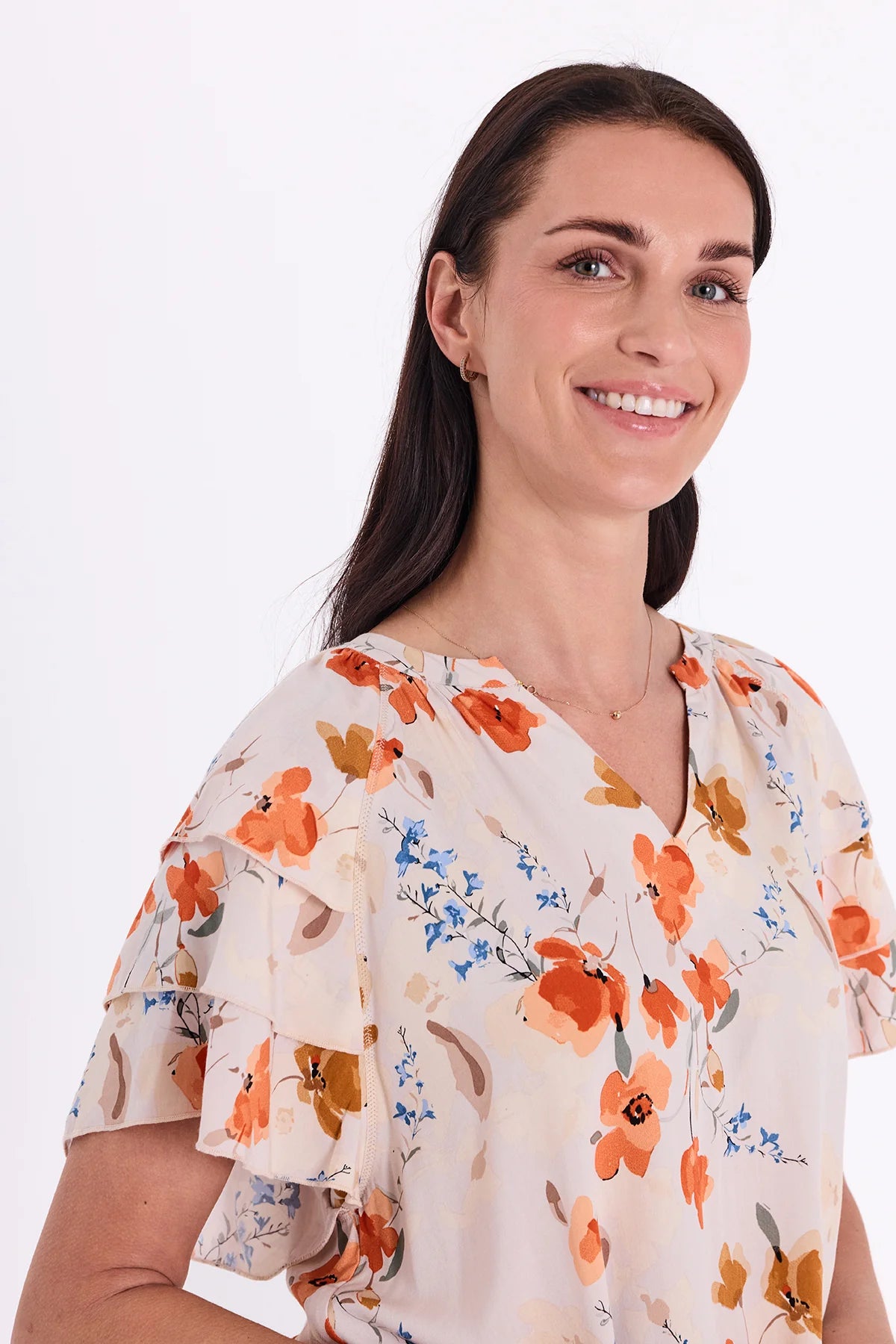 FreeQuent Blommig Kortärmad Blus med Volang Adney Beige-Rosa
