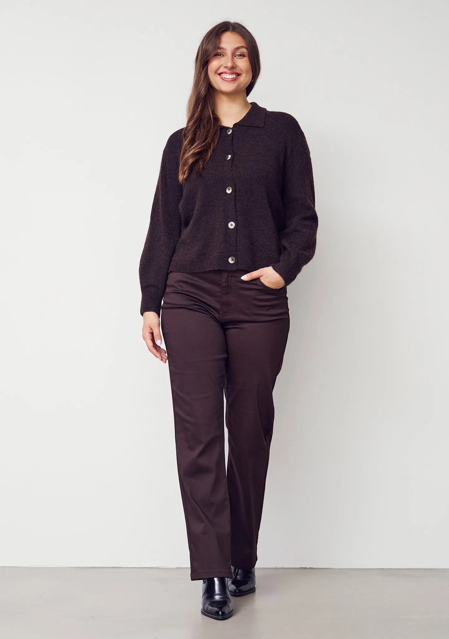 I SAY Anna Colar Cardigan Mörkbrun