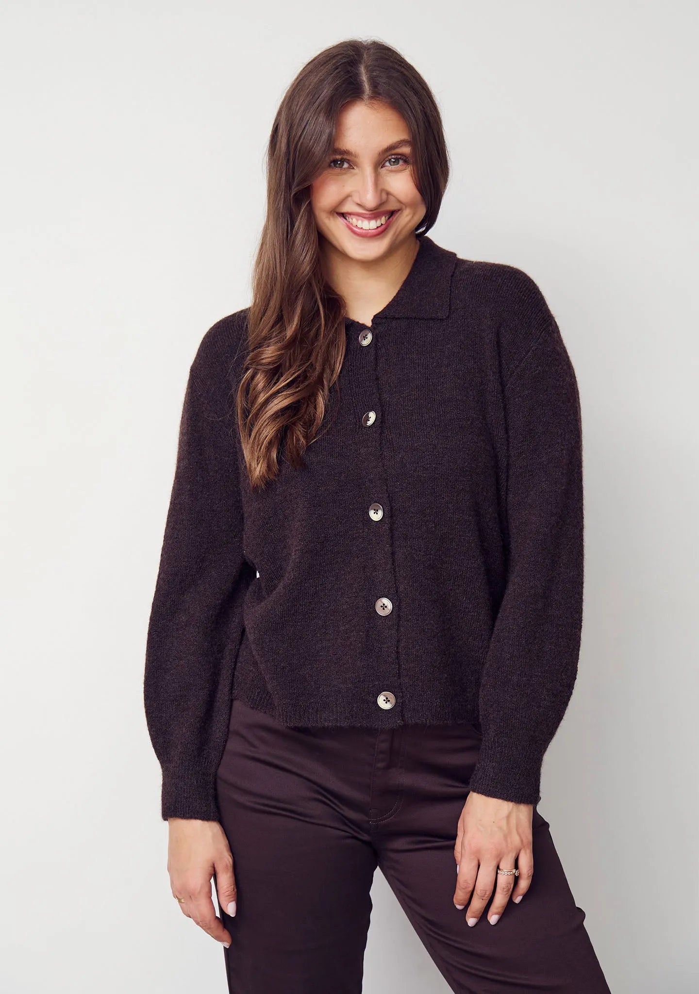 I SAY Anna Colar Cardigan Mörkbrun