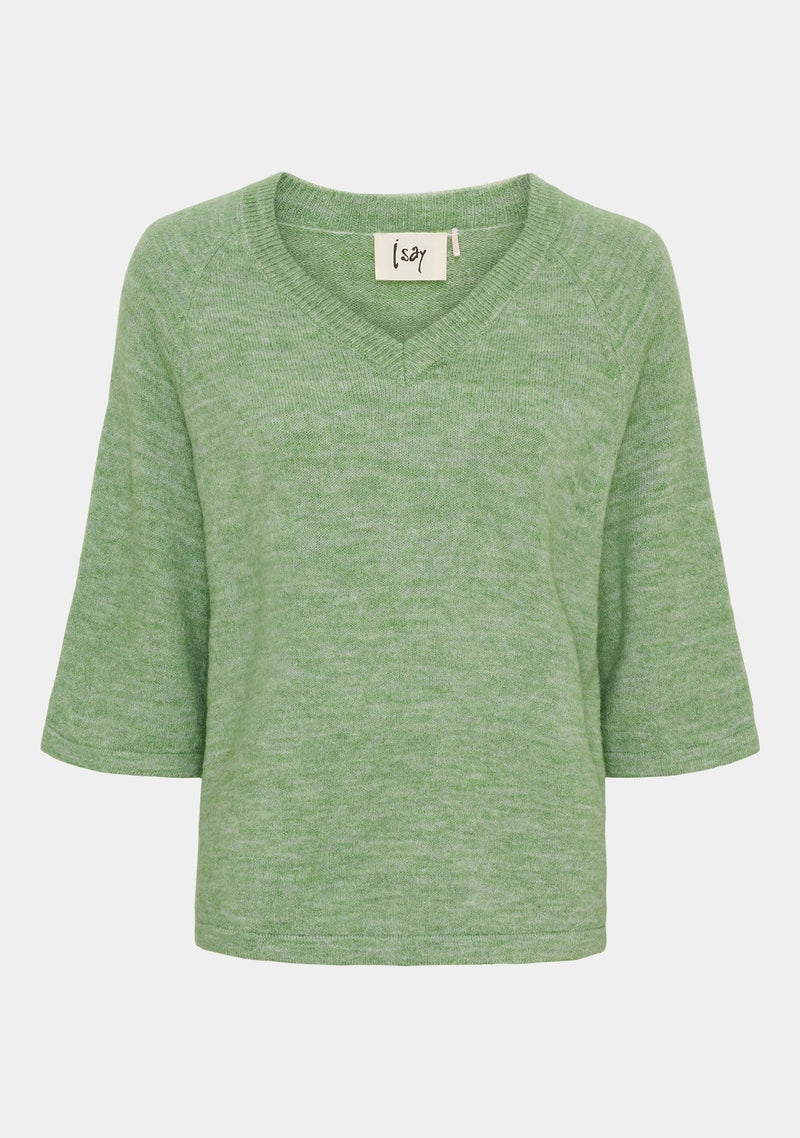 I SAY Anna s/s V-Neck Kortärmad Stickad Tröja Grön