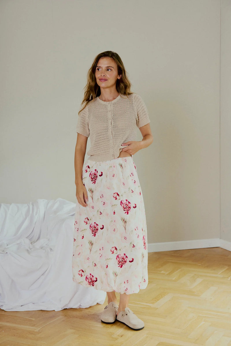 FreeQuent Blommig Lång Kjol Maise Vit-Rosa