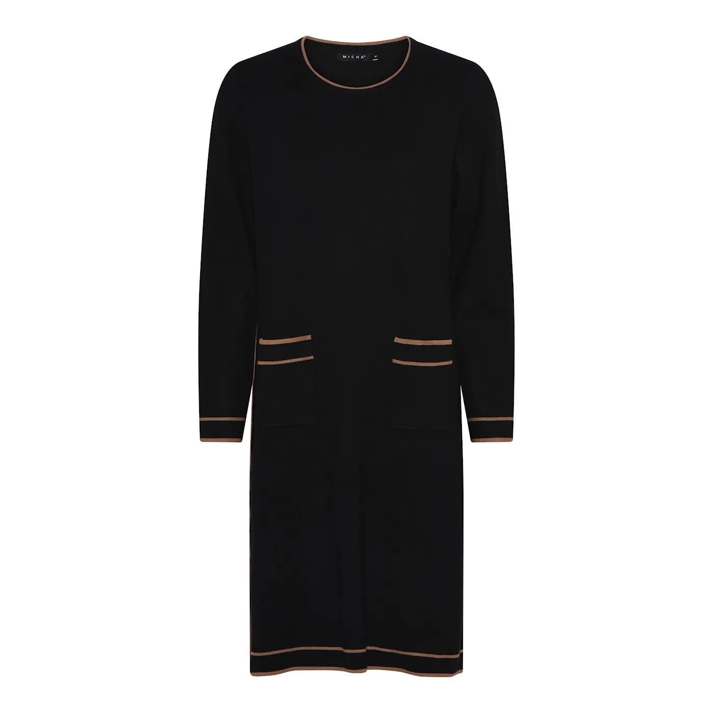 MICHA Klänning stickad rak med fickor Svart/Konjak