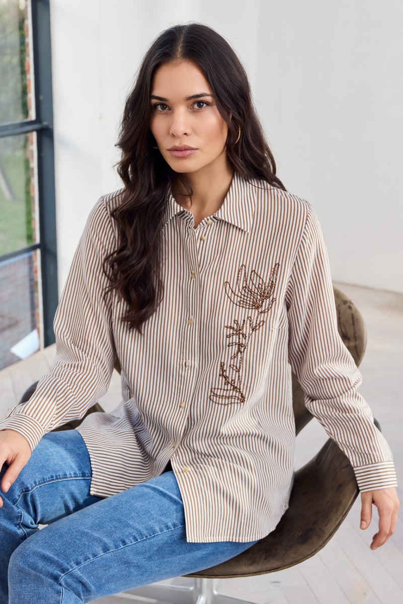 Micha Randig Skjorta med Broderi Brun/Off-White
