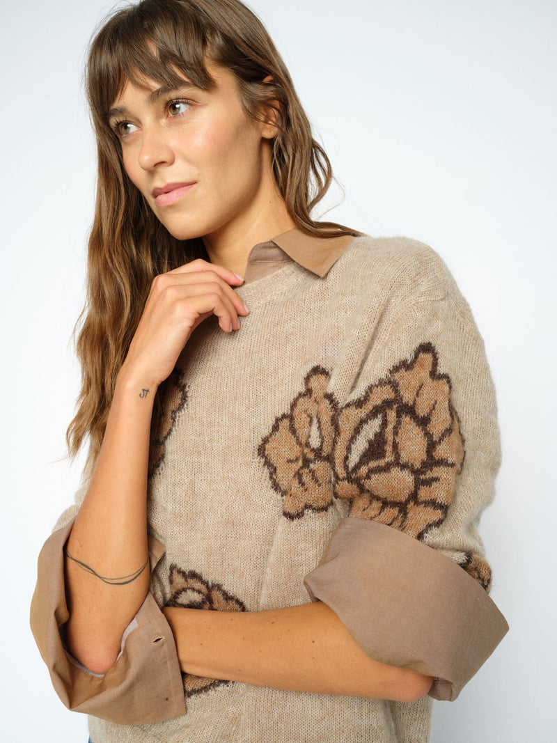 Mos Mosh Drea Blommig Stickad Tröja Beige