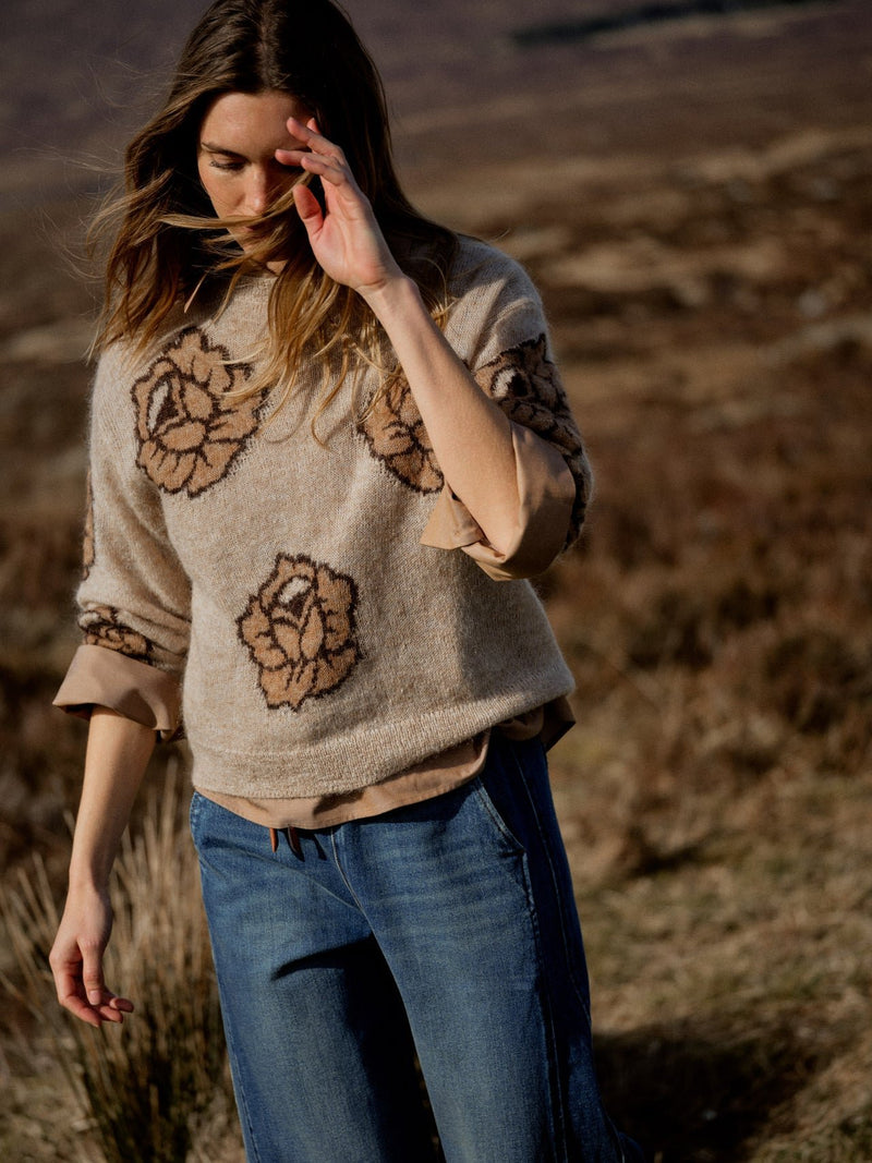 Mos Mosh Drea Blommig Stickad Tröja Beige
