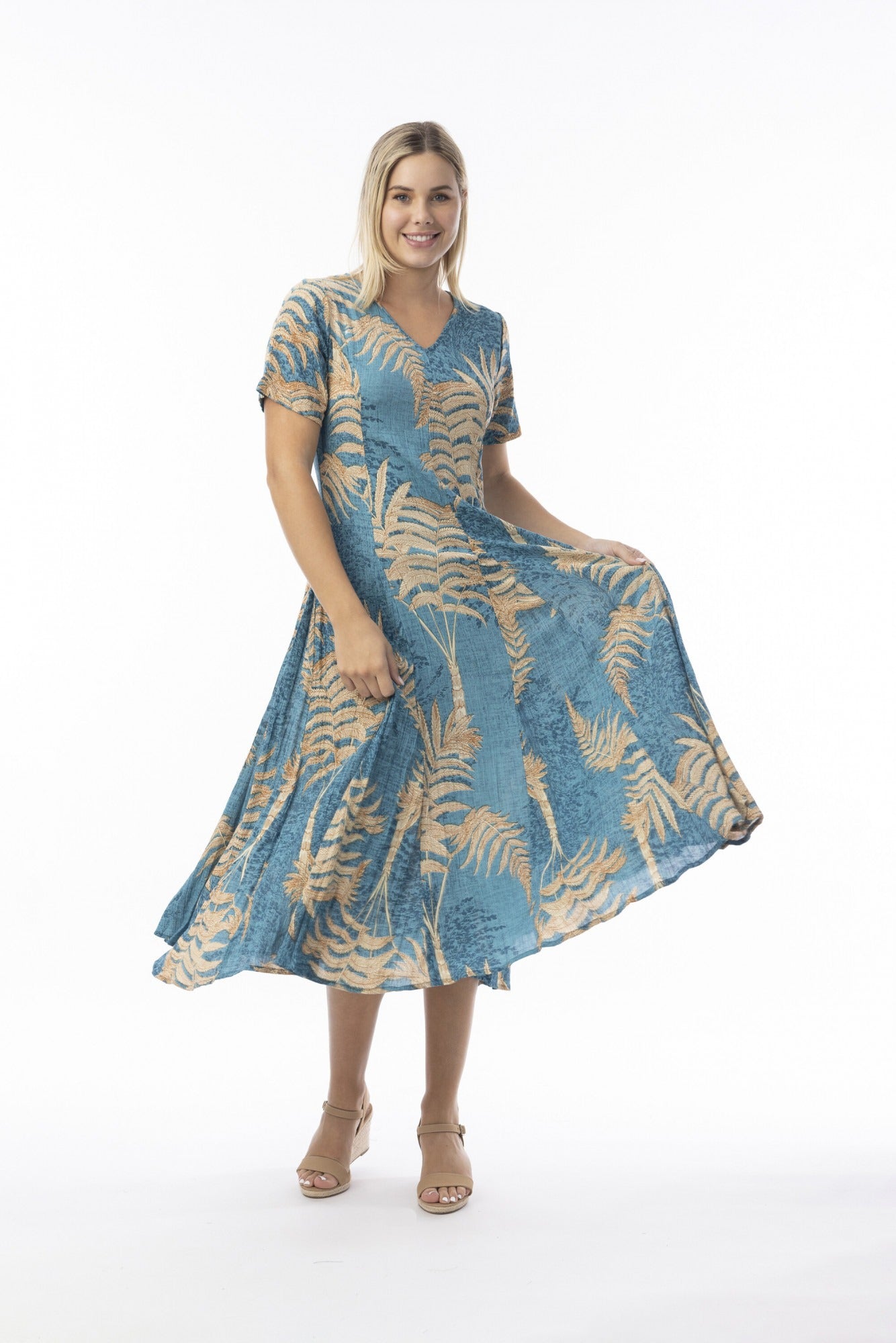 ORIENTIQUE Godet-Klänning Ponta Verde Blå