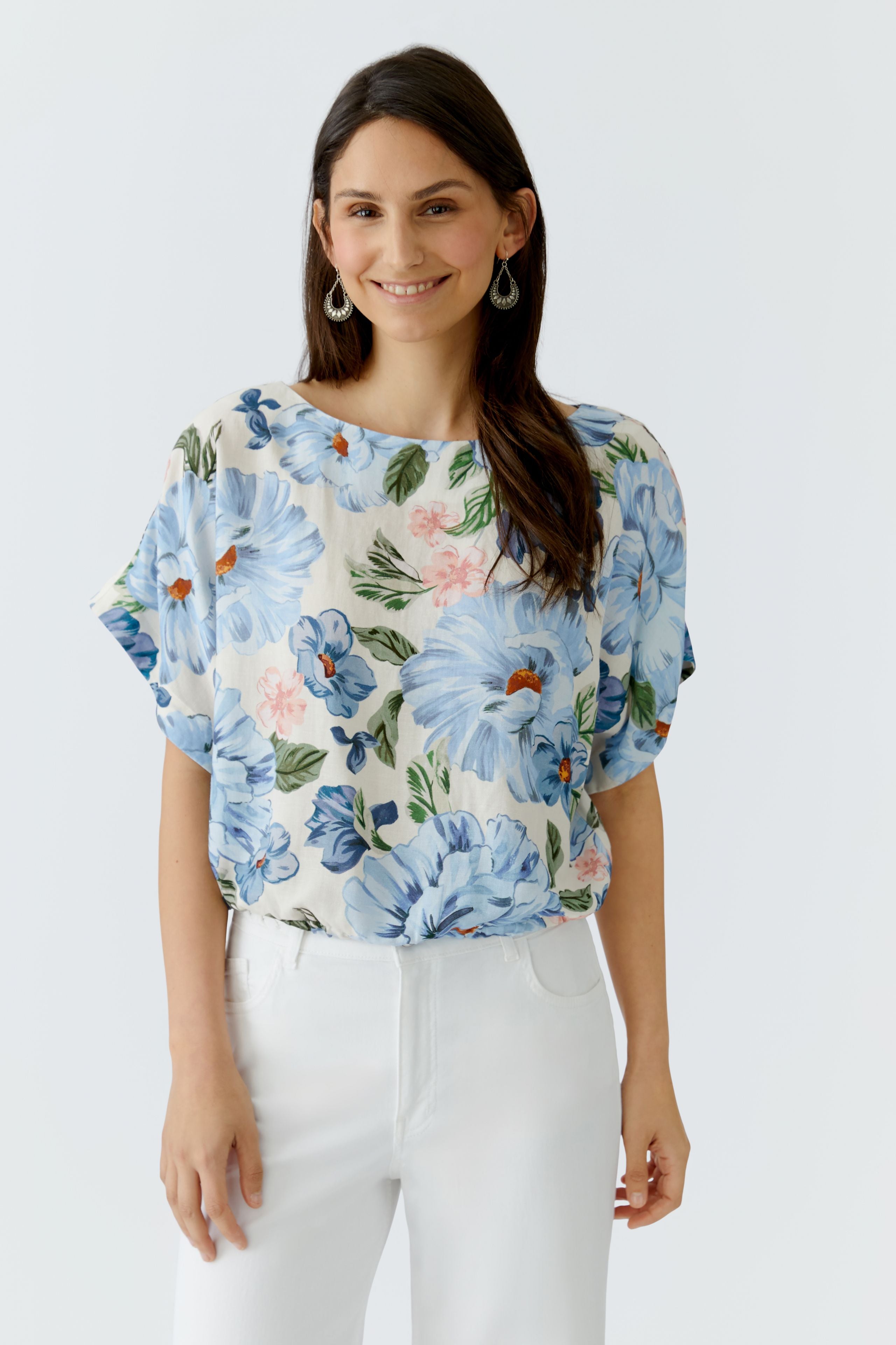 OUI Blommig Avslappnad Blus Blå och Vit