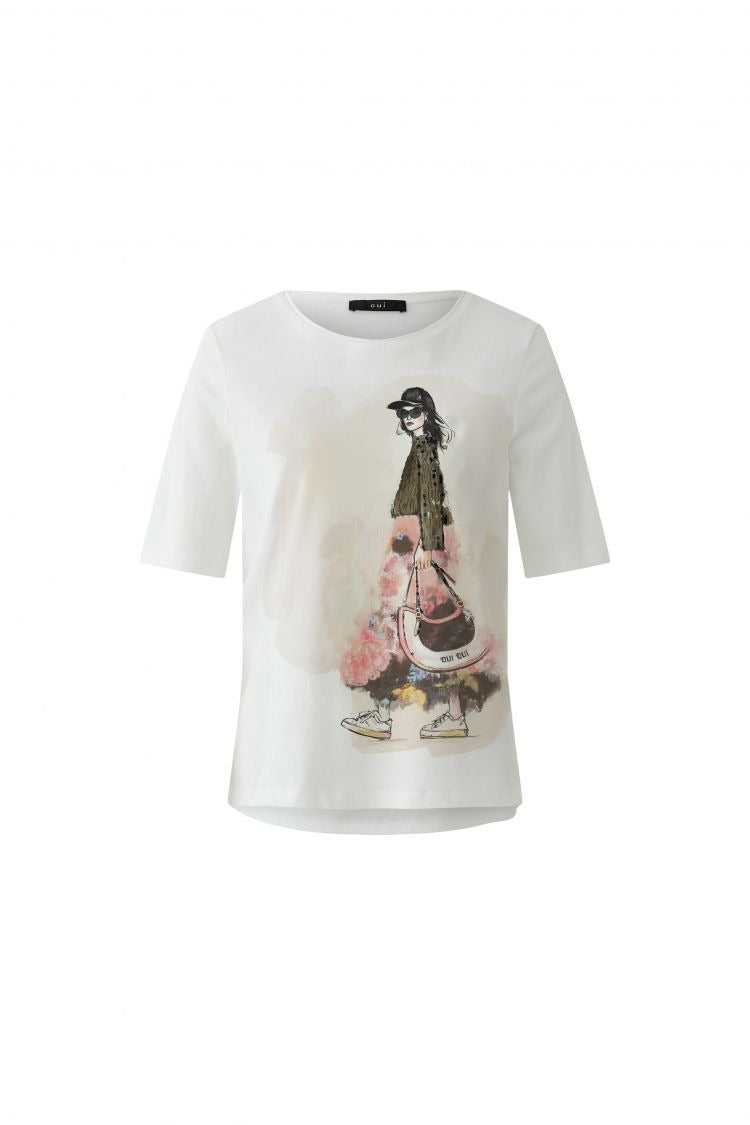 OUI T-shirt med Handritad Design Vit
