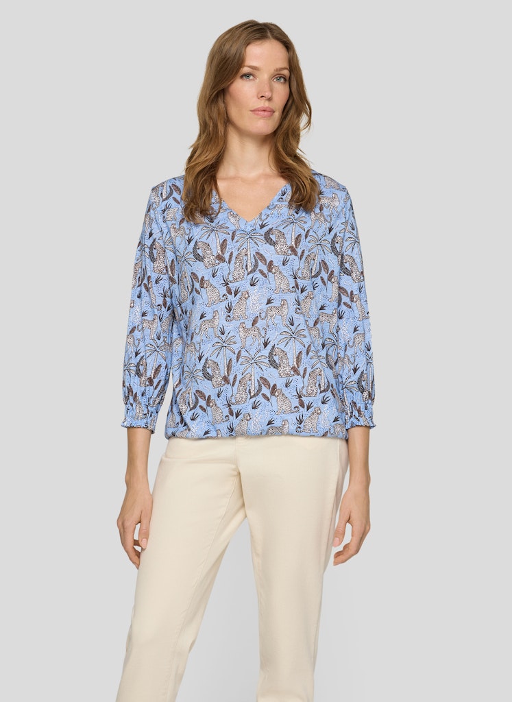 Rabe Mönstrad Blus med Resår Nertill och V-Ringning Blå