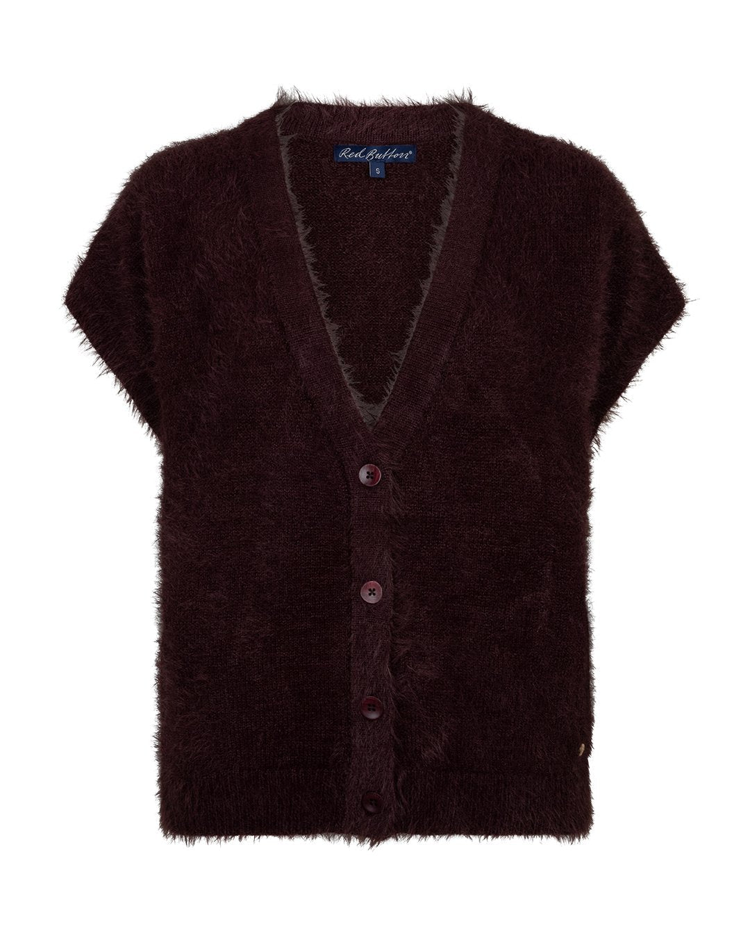 Red Button Sleeveless Fuzzy Stickad Väst Vinröd