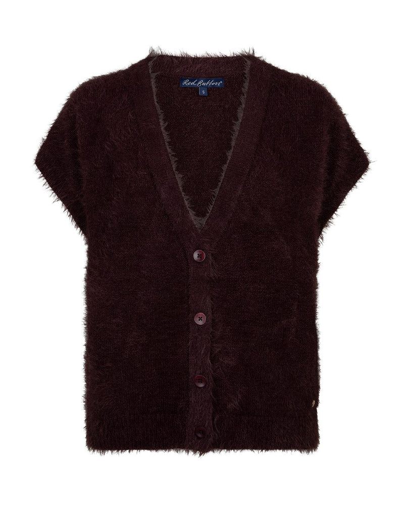 Red Button Sleeveless Fuzzy Stickad Väst Vinröd