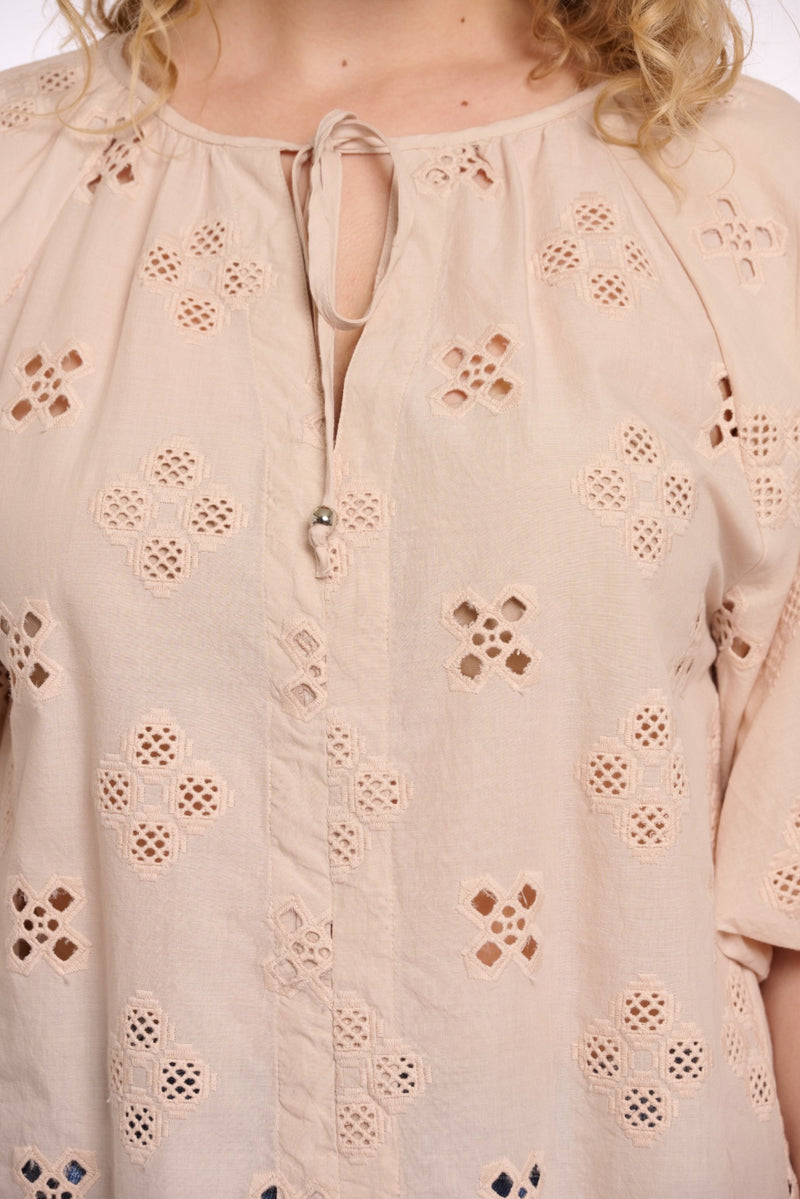 Rino & Pelle Josephine Broderad Blus med Ballongärm Brun