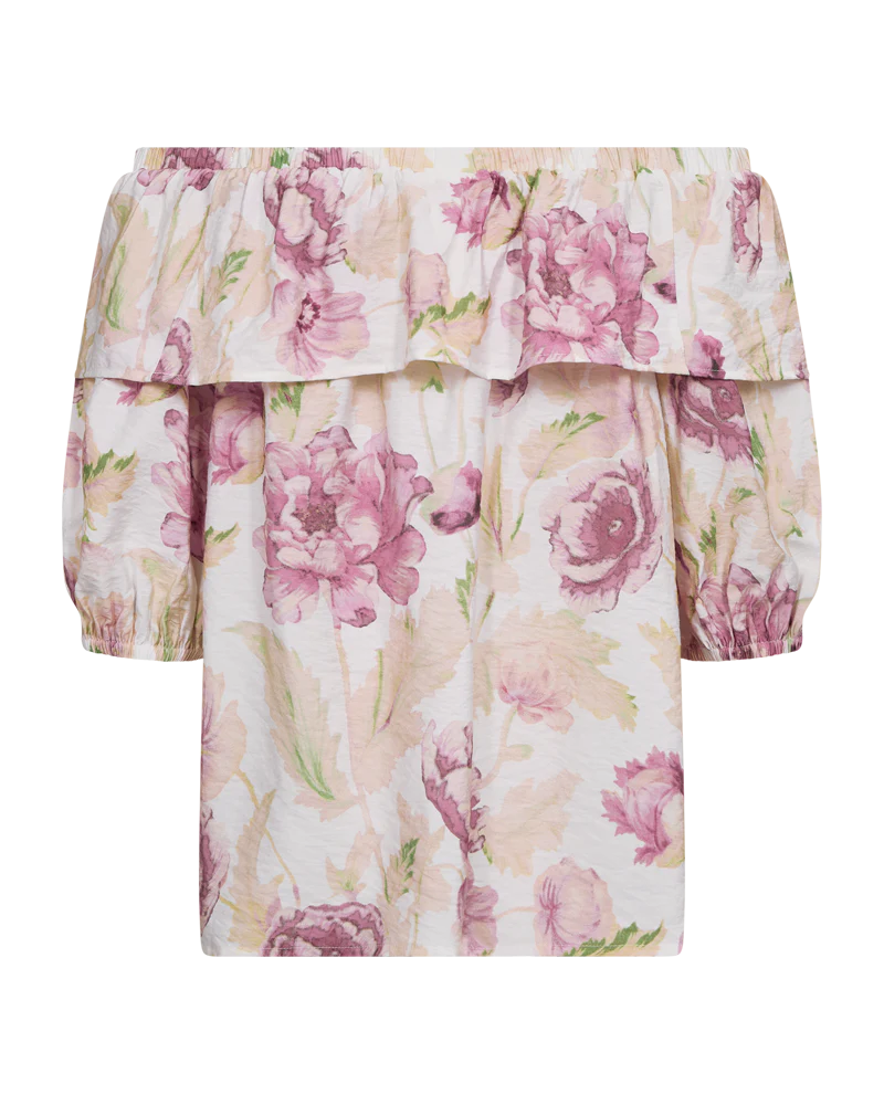 FreeQuent Blus med Volangkrage Maise Vit-Rosa