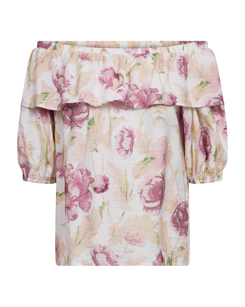 FreeQuent Blus med Volangkrage Maise Vit-Rosa