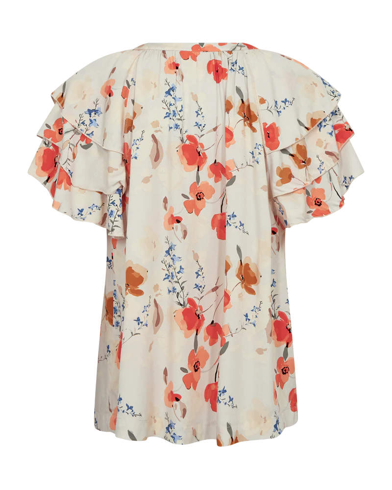 FreeQuent Blommig Kortärmad Blus med Volang Adney Beige-Rosa