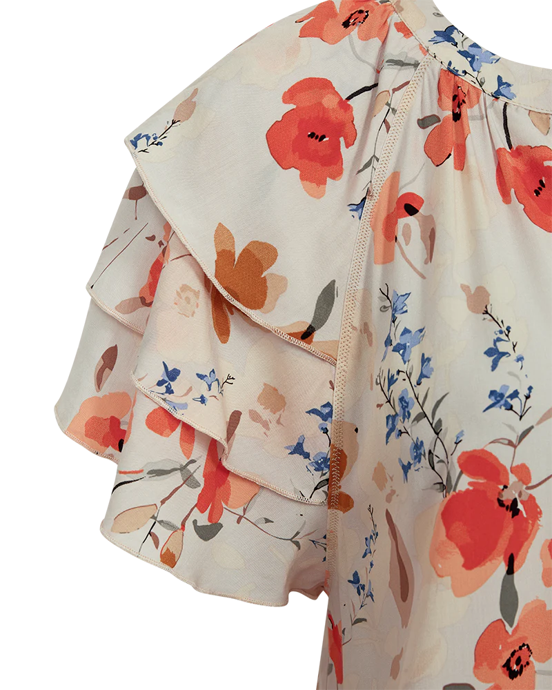 FreeQuent Blommig Kortärmad Blus med Volang Adney Beige-Rosa