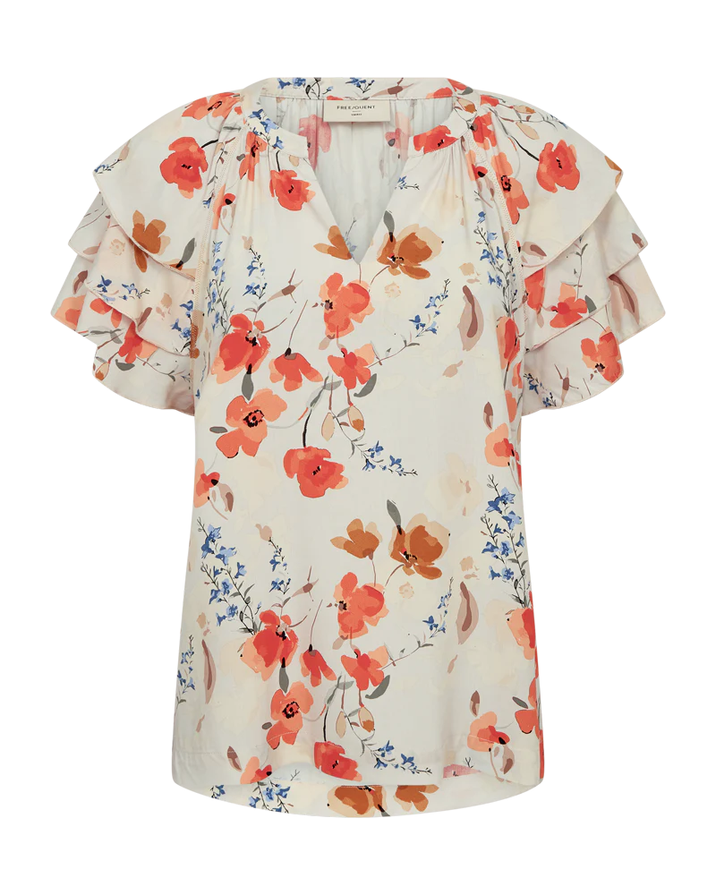 FreeQuent Blommig Kortärmad Blus med Volang Adney Beige-Rosa
