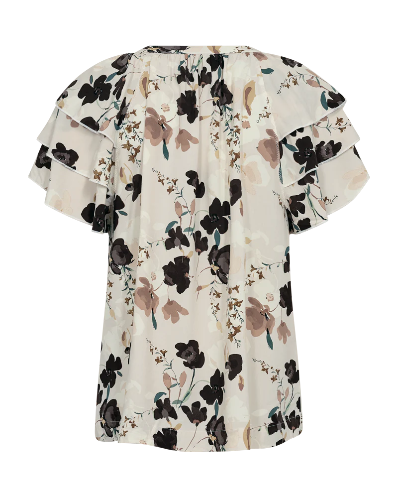 FreeQuent Blommig Kortärmad Blus med Volang Adney Beige-Coffee