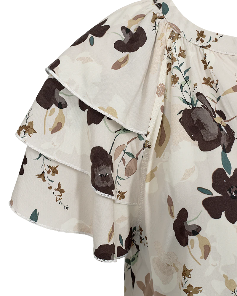 FreeQuent Blommig Kortärmad Blus med Volang Adney Beige-Coffee