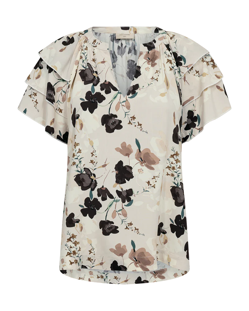 FreeQuent Blommig Kortärmad Blus med Volang Adney Beige-Coffee
