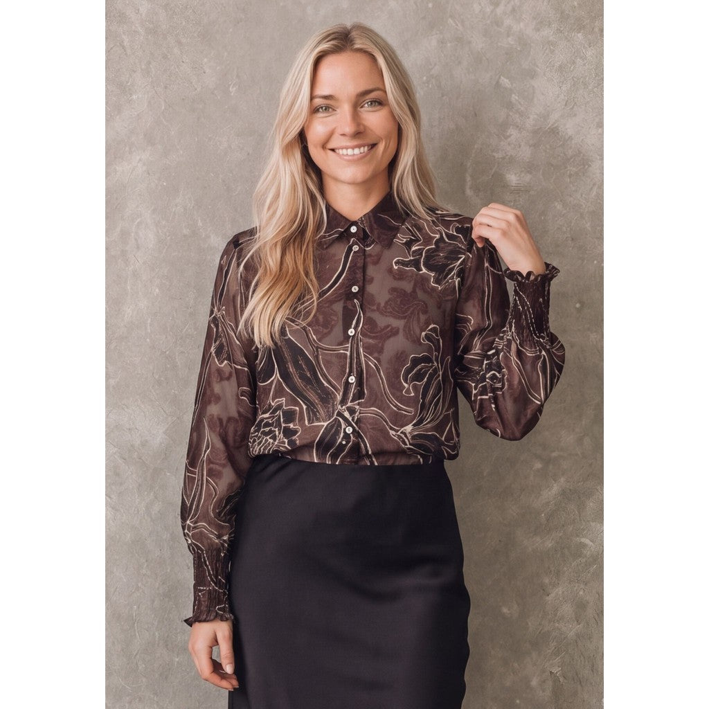 I SAY Obi Blus med Smock/Blomdetaljer Brun